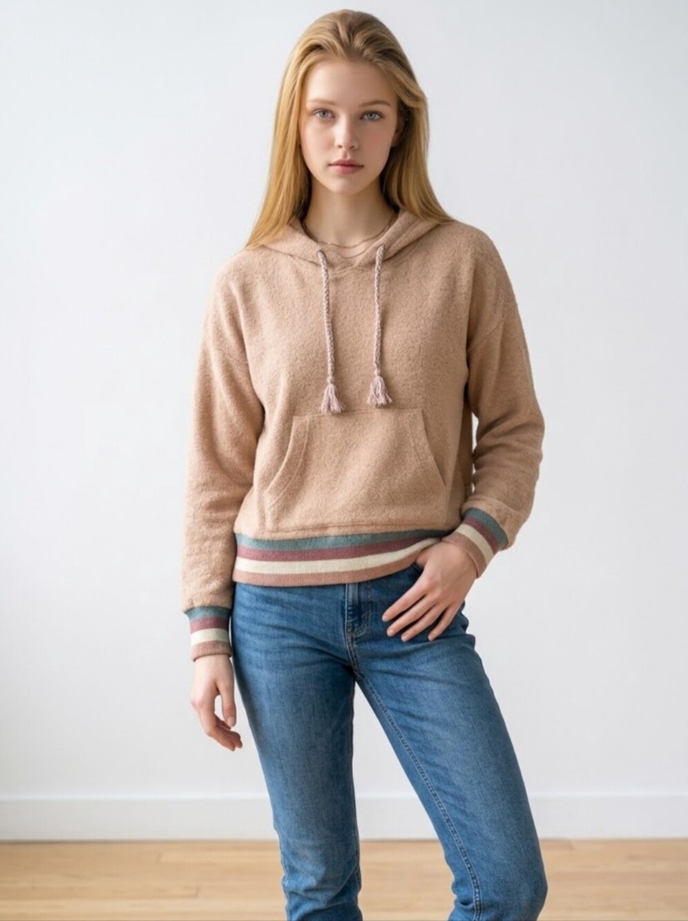 Faherty Oceanaire Fleece Hoodie Sunrise Striped Hem Top